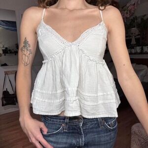 Midnight Sky White Gauze Babydoll Cami Top Eyelet Lace Trim Smocked Back Small